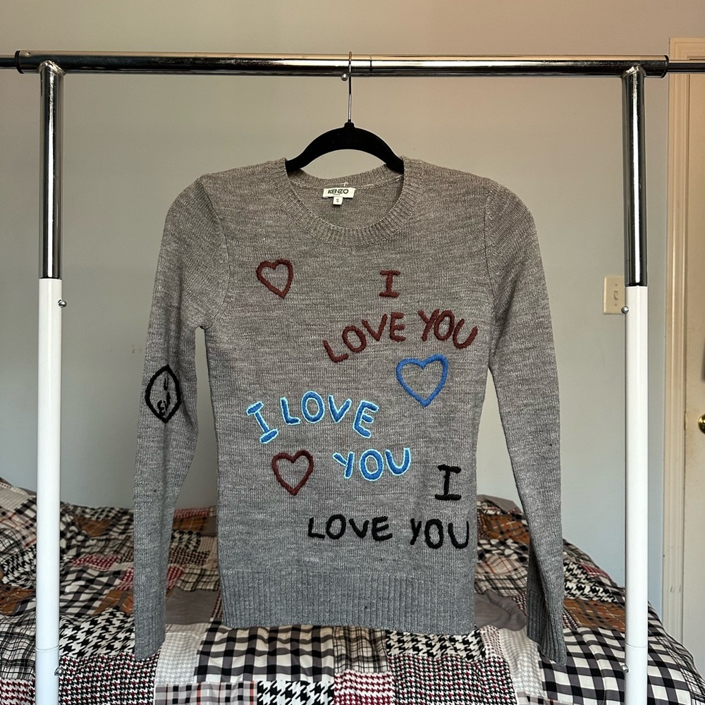 Kenzo Grey 100% Wool Sweater with Colorful Embroidery